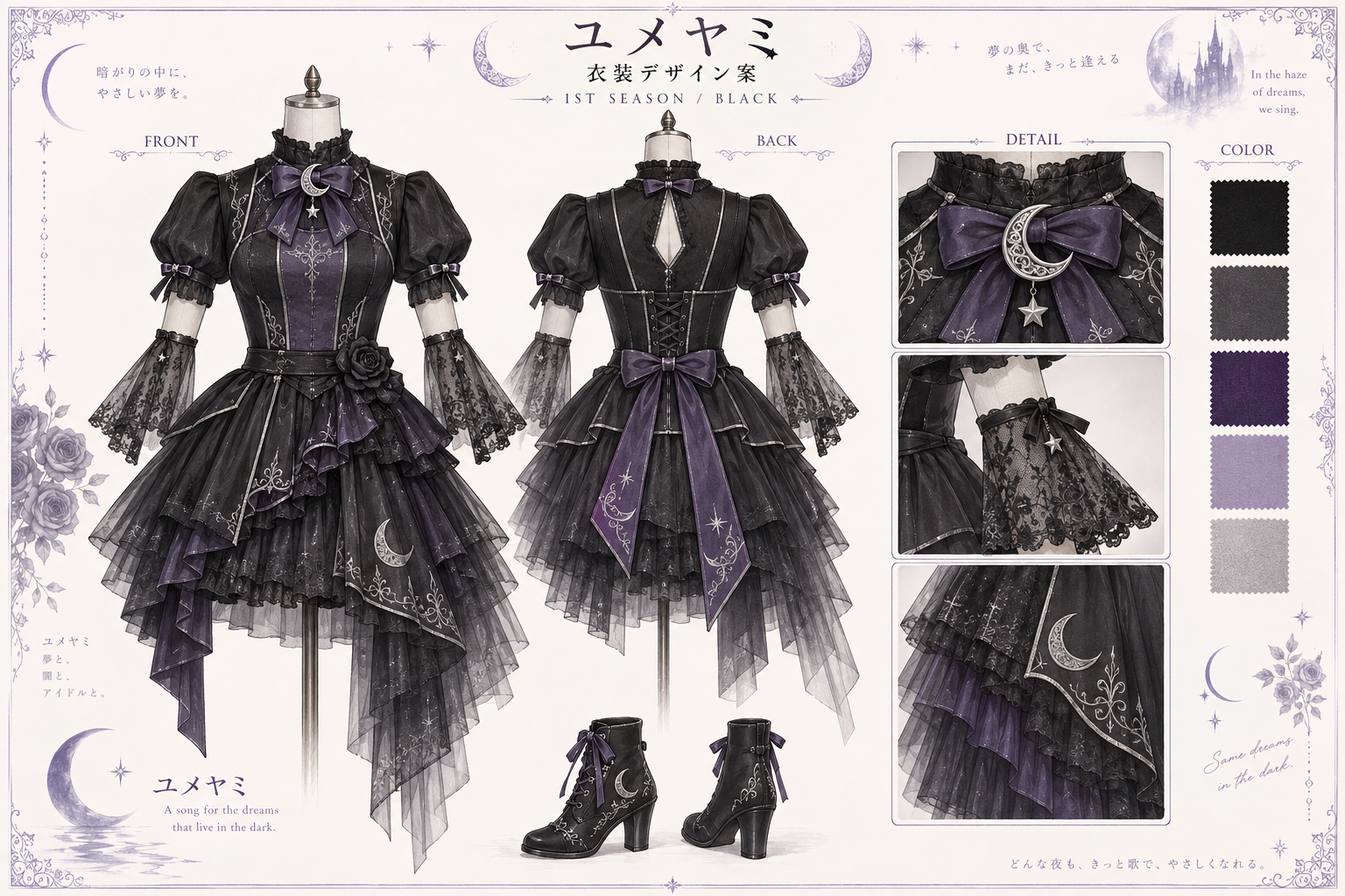 黒と深紫の衣装案。月のブローチと黒薔薇。前面・背面・装飾の詳細。